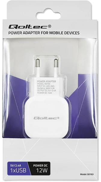 QOLTEC 50193 AC adapter for Išmanusis telefonas / Planšetė 12W 5V 2.4A USB baltas