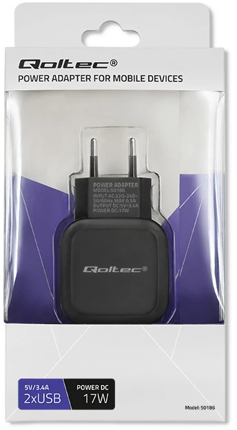 QOLTEC 50186 kintamosios srovės adapteris 17W 5V 3,4A 2xUSB