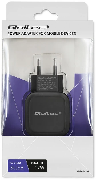 QOLTEC 50191 kintamosios srovės adapteris 17W 5V 3.4A 3xUSB