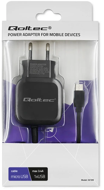 QOLTEC 50189 kintamosios srovės adapteris 17W 5V 3.4A USB + Micro USB