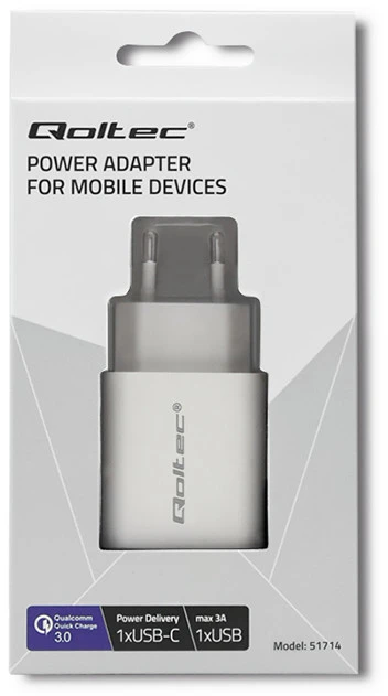 QOLTEC 51714 Įkroviklis 18W 5-12V 1.5-3A USB tipas C PD USB QC 3.0 Baltas