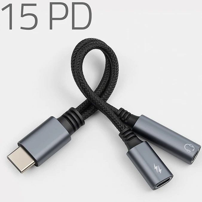 Qoltec 2in1 USB-C adapteris PD 15W 10cm aliuminis