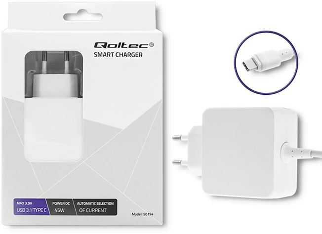 QOLTEC 50194 AC adapter 45W 20V 2.25A USB C Baltas