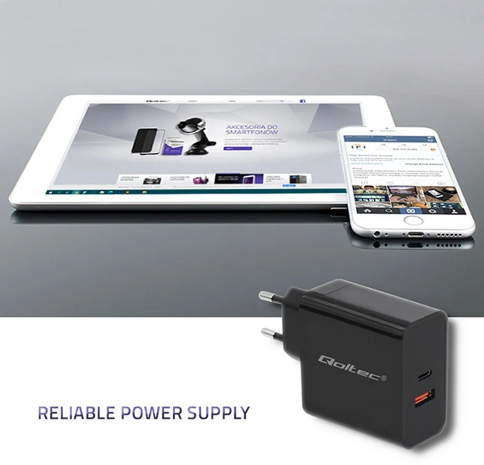 QOLTEC 51716 Įkroviklis 63W 5-20V 1.5-3A USB tipas C PD USB QC 3.0 Juodas