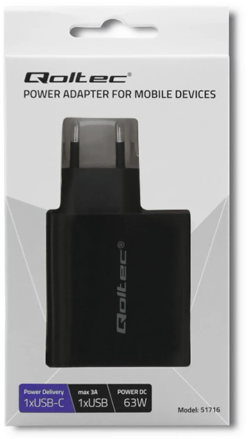 QOLTEC 51716 Įkroviklis 63W 5-20V 1.5-3A USB tipas C PD USB QC 3.0 Juodas
