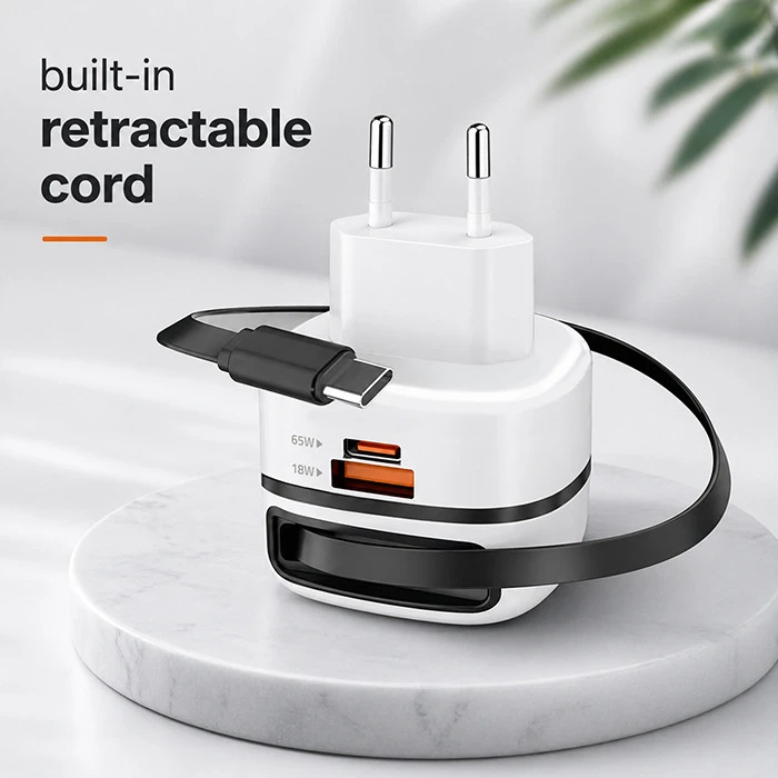 Qoltec 65W GaN greitas USB-C PD įkroviklis su kabeliu