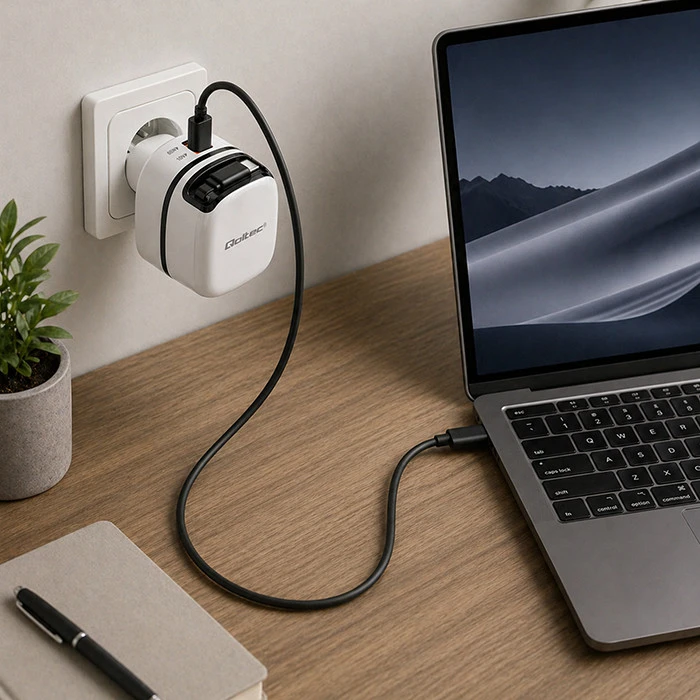 Qoltec 65W GaN greitas USB-C PD įkroviklis su kabeliu