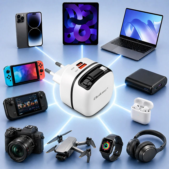 Qoltec 65W GaN greitas USB-C PD įkroviklis su kabeliu