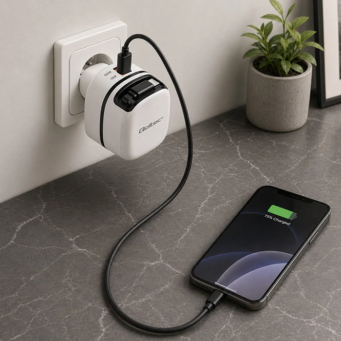 Qoltec 65W GaN greitas USB-C PD įkroviklis su kabeliu