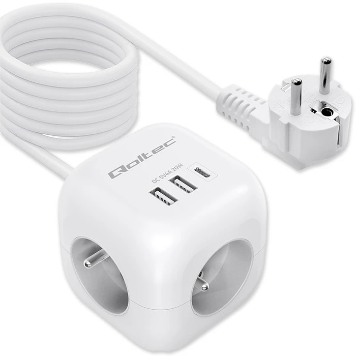 Maitinimo 6v1 prailginimo kubas su apšviestu jungikliu Qoltec 3x AC 2x USB 1x USB-C PD 20W baltas kabelis 2 m