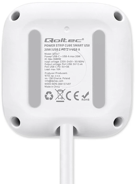 Maitinimo 6v1 prailginimo kubas su apšviestu jungikliu Qoltec 3x AC 2x USB 1x USB-C PD 20W baltas kabelis 2 m