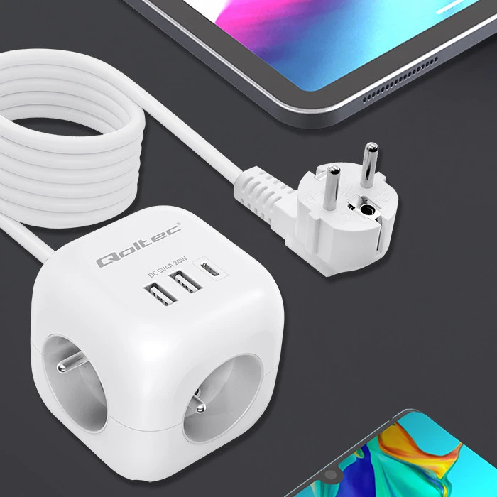 Maitinimo 6v1 prailginimo kubas su apšviestu jungikliu Qoltec 3x AC 2x USB 1x USB-C PD 20W baltas kabelis 2 m