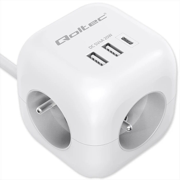 Maitinimo 6v1 prailginimo kubas su apšviestu jungikliu Qoltec 3x AC 2x USB 1x USB-C PD 20W baltas kabelis 2 m