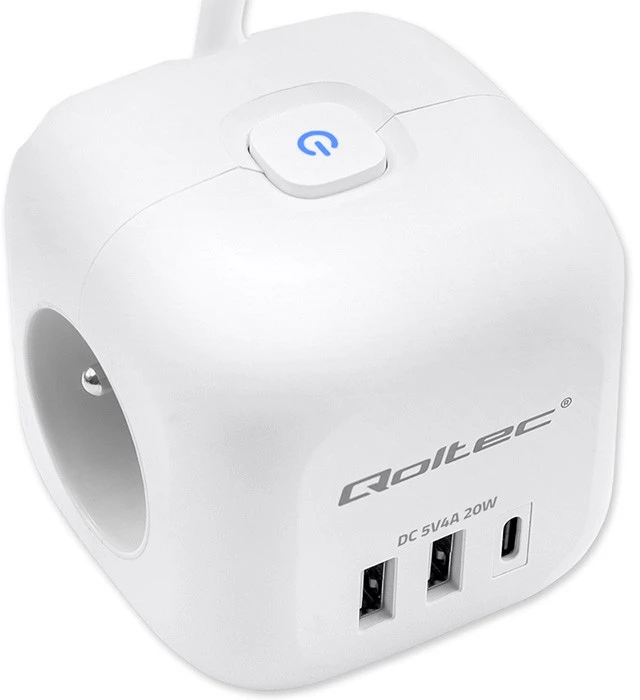 Maitinimo 6v1 prailginimo kubas su apšviestu jungikliu Qoltec 3x AC 2x USB 1x USB-C PD 20W baltas kabelis 2 m