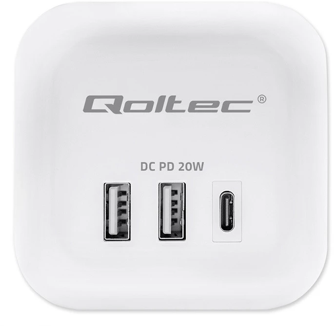 Maitinimo 6v1 prailginimo kubas su apšviestu jungikliu Qoltec 3x AC 2x USB 1x USB-C PD 20W baltas kabelis 2 m