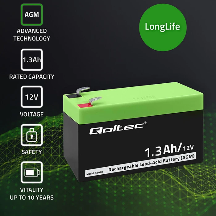 QOLTEC 53040 Baterija AGM 12V 1.3Ah max.0.39A