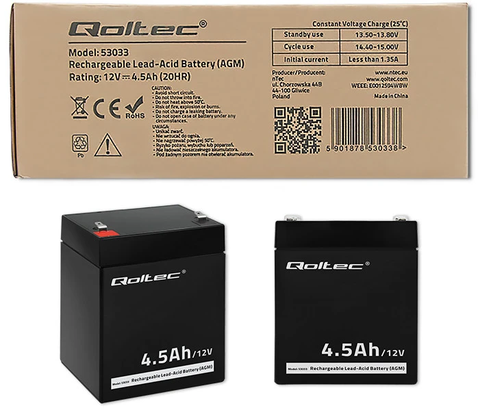 QOLTEC 53033 Baterija AGM 12V 4.5Ah max.1.35A