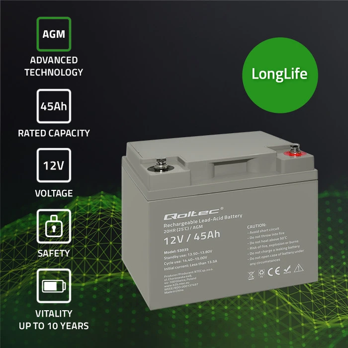 QOLTEC 53035 Qoltec Baterija AGM 12V 45Ah max.13.5A