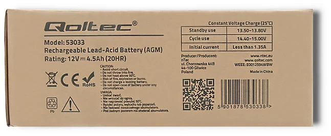 QOLTEC 53033 Baterija AGM 12V 4.5Ah max.1.35A
