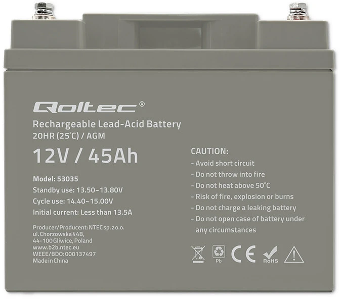 QOLTEC 53035 Qoltec Baterija AGM 12V 45Ah max.13.5A