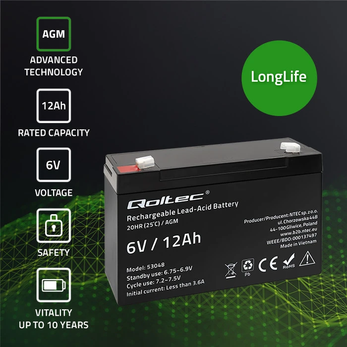 QOLTEC AGM baterija 6V 12Ah