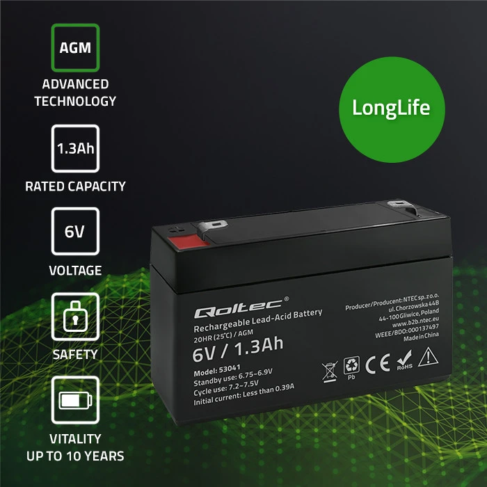 QOLTEC 53041 Baterija AGM 6V 1.3Ah max.0.39A