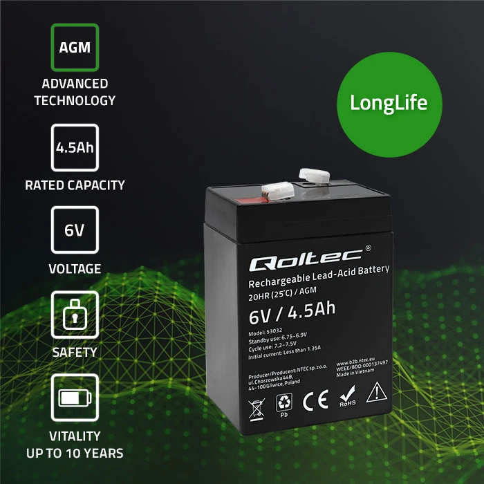QOLTEC 53032 Baterija AGM 6V 4.5Ah max. 1.35A