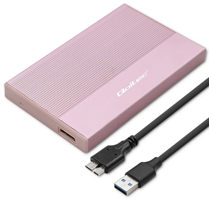 Išorinio kietojo disko dėklas Aliumininis korpusas skirtas diskui SSD HDD 25" sata USB 3.0 itin greitas 5 Gb/s 2 TB rožinis Qoltec