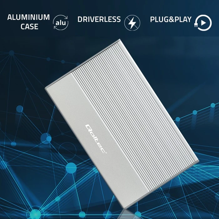 Išorinio kietojo disko dėklas Aliumininis korpusas skirtas diskams SSD HDD 25" sata USB 3.0 ypač greitas 5 Gb/s 2 TB sidabrinis Qoltec