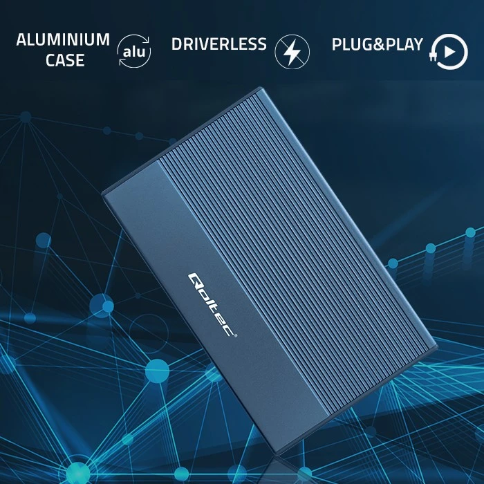 Išorinio kietojo disko dėklas Aliumininis korpusas skirtas diskams SSD HDD 25" sata USB 3.0 ypač greitas 5 Gb/s 2 TB mėlynas Qoltec