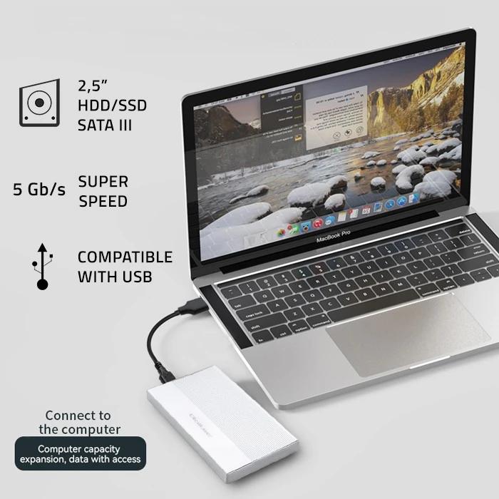 Išorinio kietojo disko dėklas Aliumininis korpusas skirtas diskams SSD HDD 25" sata USB 3.0 ypač greitas 5 Gb/s 2 TB sidabrinis Qoltec
