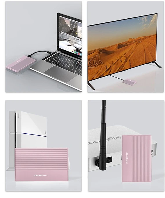 Išorinio kietojo disko dėklas Aliumininis korpusas skirtas diskui SSD HDD 25" sata USB 3.0 itin greitas 5 Gb/s 2 TB rožinis Qoltec