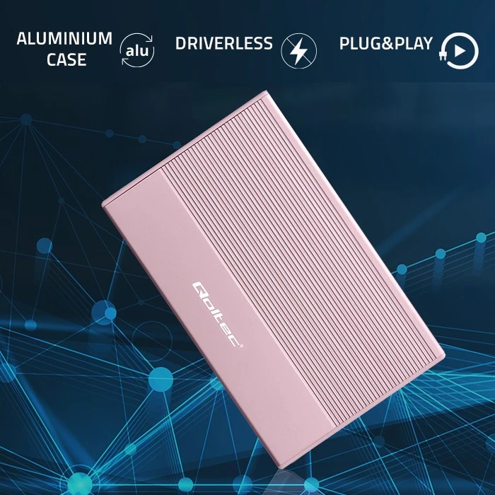 Išorinio kietojo disko dėklas Aliumininis korpusas skirtas diskui SSD HDD 25" sata USB 3.0 itin greitas 5 Gb/s 2 TB rožinis Qoltec