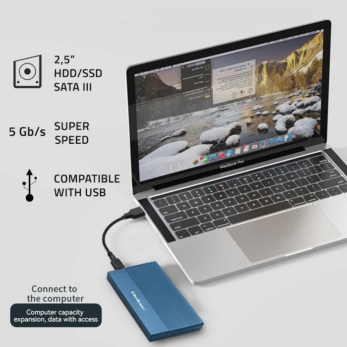 Išorinio kietojo disko dėklas Aliumininis korpusas skirtas diskams SSD HDD 25" sata USB 3.0 ypač greitas 5 Gb/s 2 TB mėlynas Qoltec