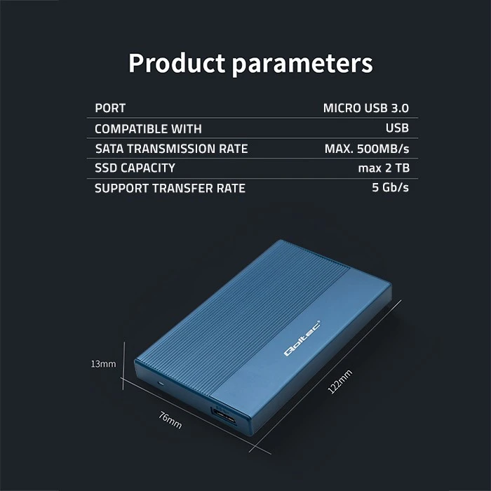 Išorinio kietojo disko dėklas Aliumininis korpusas skirtas diskams SSD HDD 25" sata USB 3.0 ypač greitas 5 Gb/s 2 TB mėlynas Qoltec