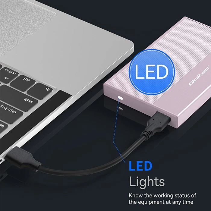 Išorinio kietojo disko dėklas Aliumininis korpusas skirtas diskui SSD HDD 25" sata USB 3.0 itin greitas 5 Gb/s 2 TB rožinis Qoltec