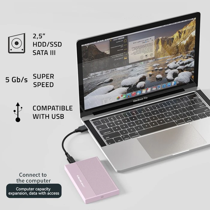 Išorinio kietojo disko dėklas Aliumininis korpusas skirtas diskui SSD HDD 25" sata USB 3.0 itin greitas 5 Gb/s 2 TB rožinis Qoltec