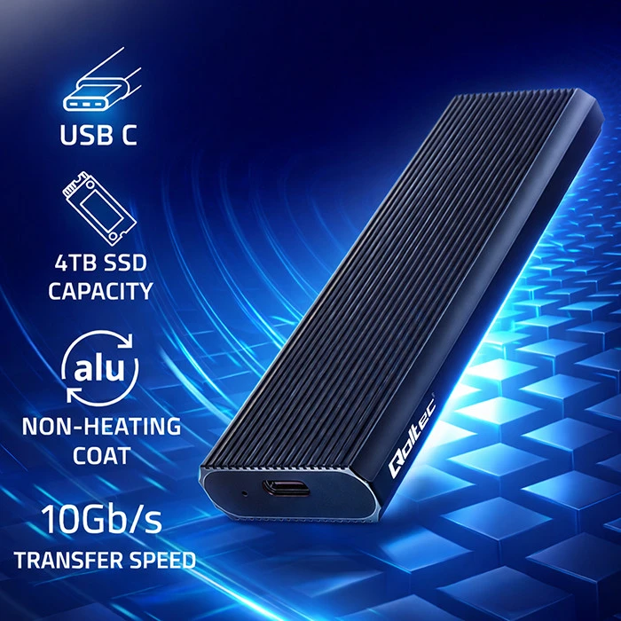 Išorinio kietojo disko dėklas Aliumininis korpusas skirtas diskui m.2 SSD nvme pcie usb 3.1 super greitis 10gb/s 4tb grafitinis Qoltec