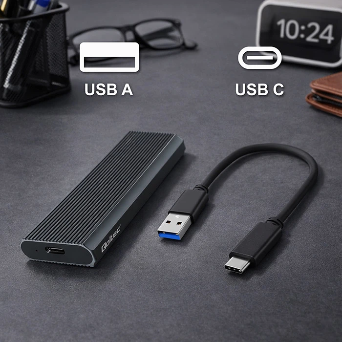 Išorinio kietojo disko dėklas Aliumininis korpusas skirtas diskui m.2 SSD nvme pcie usb 3.1 super greitis 10gb/s 4tb grafitinis Qoltec