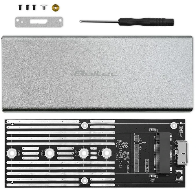 Qoltec 51833 Korpusas | M.2 SSD diskas | SATA | NGFF| USB 3.0 | Super greitis 5GB/s | 2TB | Sidabrinis