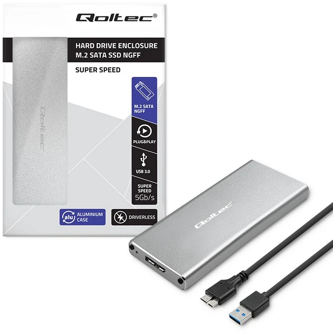 Qoltec 51833 Korpusas | M.2 SSD diskas | SATA | NGFF| USB 3.0 | Super greitis 5GB/s | 2TB | Sidabrinis