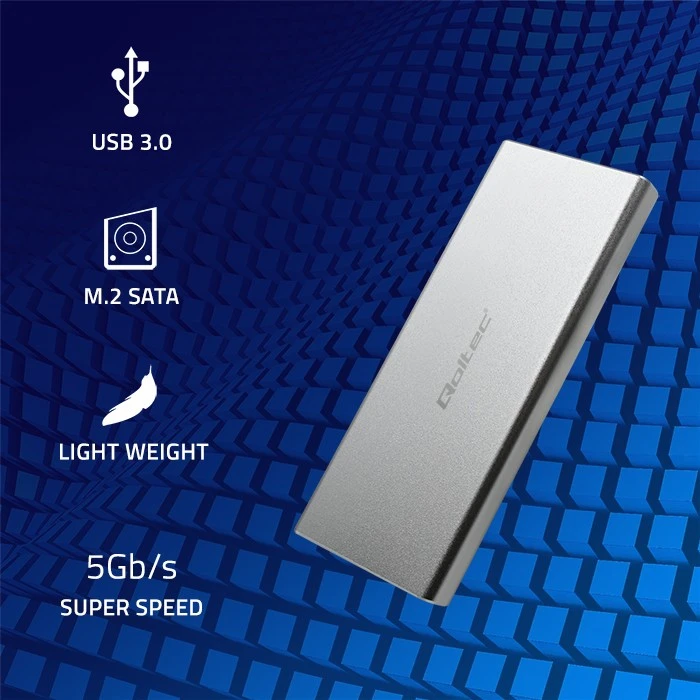Qoltec 51833 Korpusas | M.2 SSD diskas | SATA | NGFF| USB 3.0 | Super greitis 5GB/s | 2TB | Sidabrinis