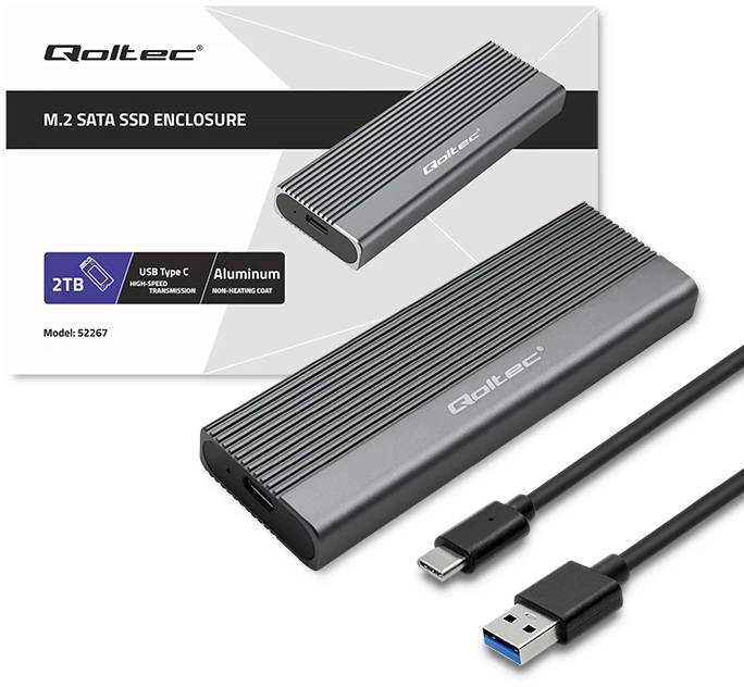 SSD Korpusas - Qoltec 52267 M.2 SATA USB-C 2TB Pilkas