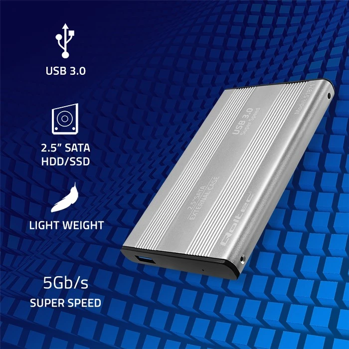 Išorinio kietojo disko dėklas Aliuminio korpusas diskų kišenė skirtas diskams HDD SSD 25" Sata3 USB 3.0 sidabrinis Qoltec
