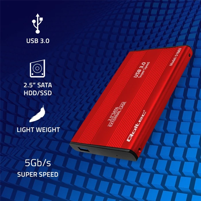QOLTEC išorinio kietojo disko dėklas HDD/SSD 2.5" SATA3 USB 3.0 Raudona
