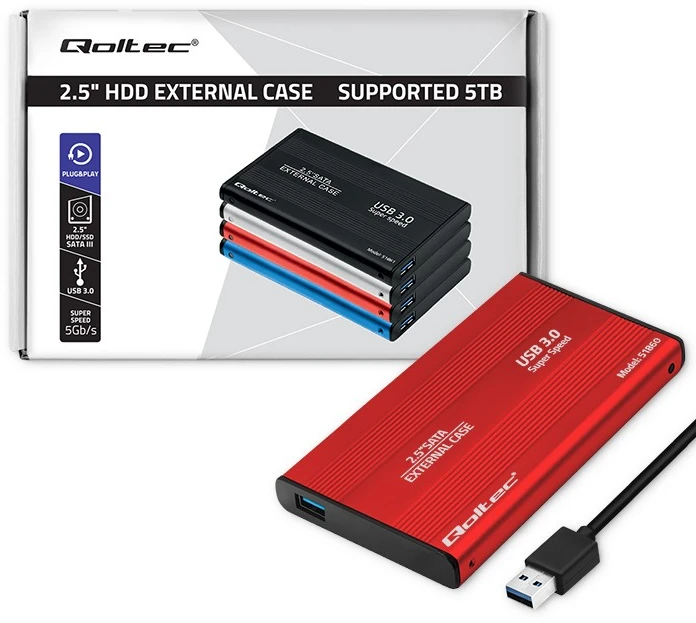 QOLTEC išorinio kietojo disko dėklas HDD/SSD 2.5" SATA3 USB 3.0 Raudona