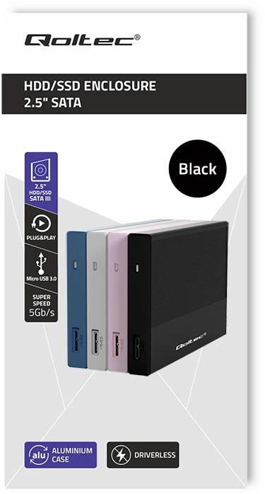 Išorinio kietojo disko dėklas Aliumininis korpusas skirtas diskams SSD HDD 25" sata USB 3.0 itin greitas 5 Gb/s 2 TB juodas Qoltec