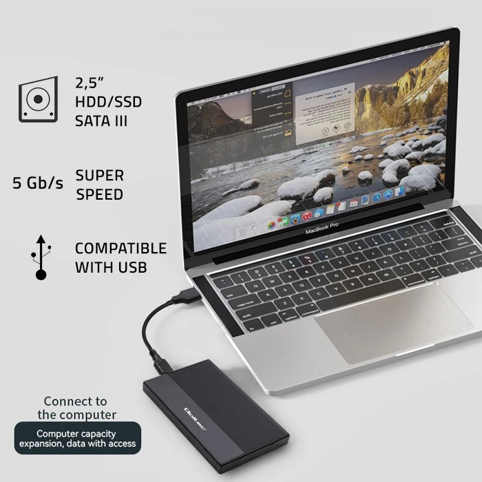 Išorinio kietojo disko dėklas Aliumininis korpusas skirtas diskams SSD HDD 25" sata USB 3.0 itin greitas 5 Gb/s 2 TB juodas Qoltec