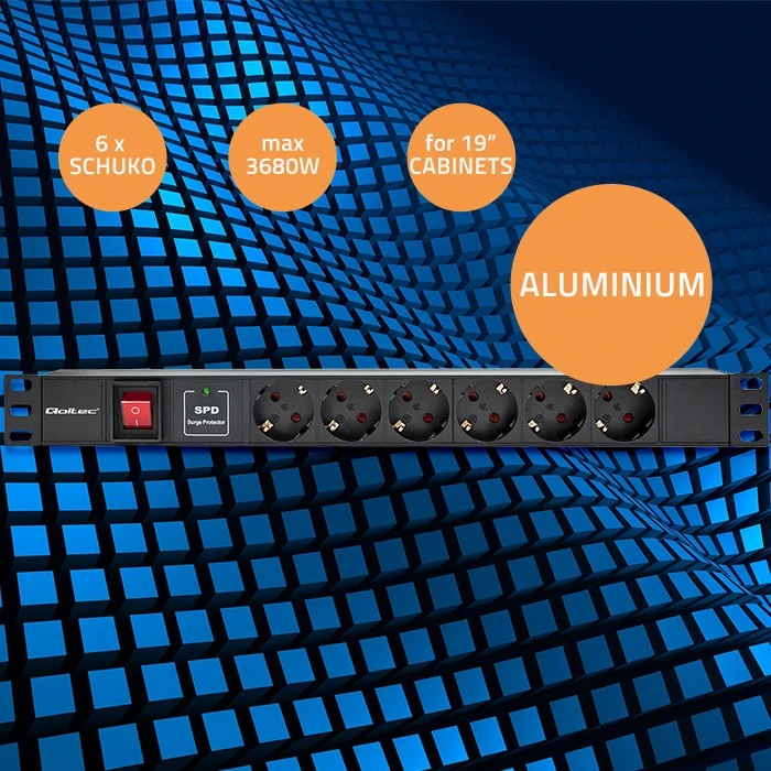 Aliuminis maitinimo juostelė šaltinis skirtoji 19'' 1u 16a 6xschuko 1.8m Qoltec