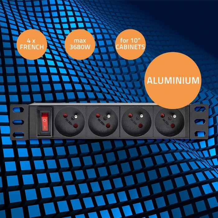Qoltec Aliuminis maitinimo ilgintuvas RACK 10'' 1U 16A 4xFRENCH 1.8m